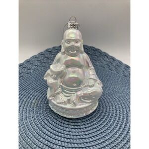 BLOWN GLASS WHITE IRIDESCENT SMILING BUDDHA CHRISTMAS ORNAMENT NEW
